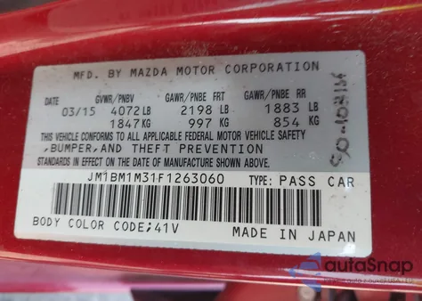 2015 Mazda Mazda3 S Grand Touring из США, поврежденный, VIN JM1BM1M31F1263060